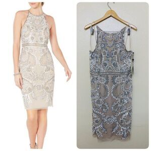 $219 Adrianna Papell Embellished Halter Sheath Halter Dress Size 14M Biscotti